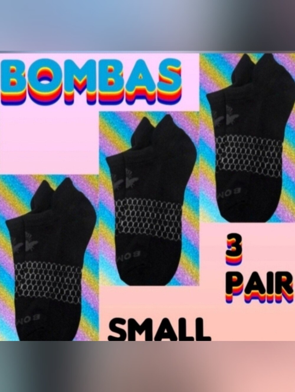Bombas Ankle Socks Small 3 Pair Unisex Womens & Mens Honeycomb Black/Grey BNWT